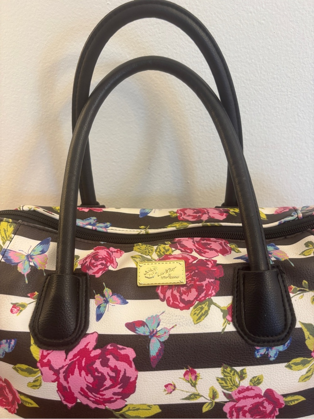 Betsey Johnson Striped Rose & Butterfly Floral Satchel Crossbody